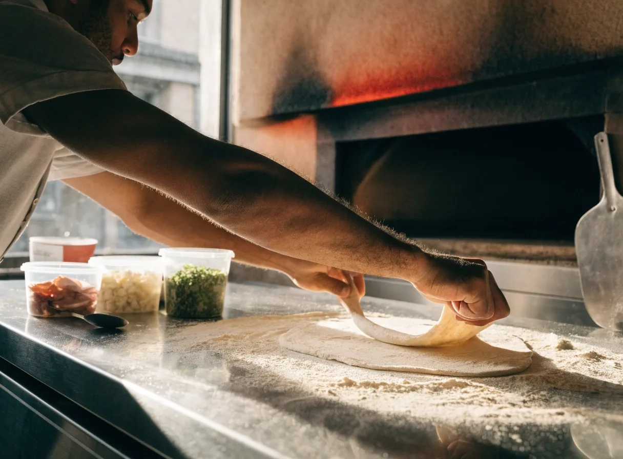 Finished margherita pizza on a steel counter