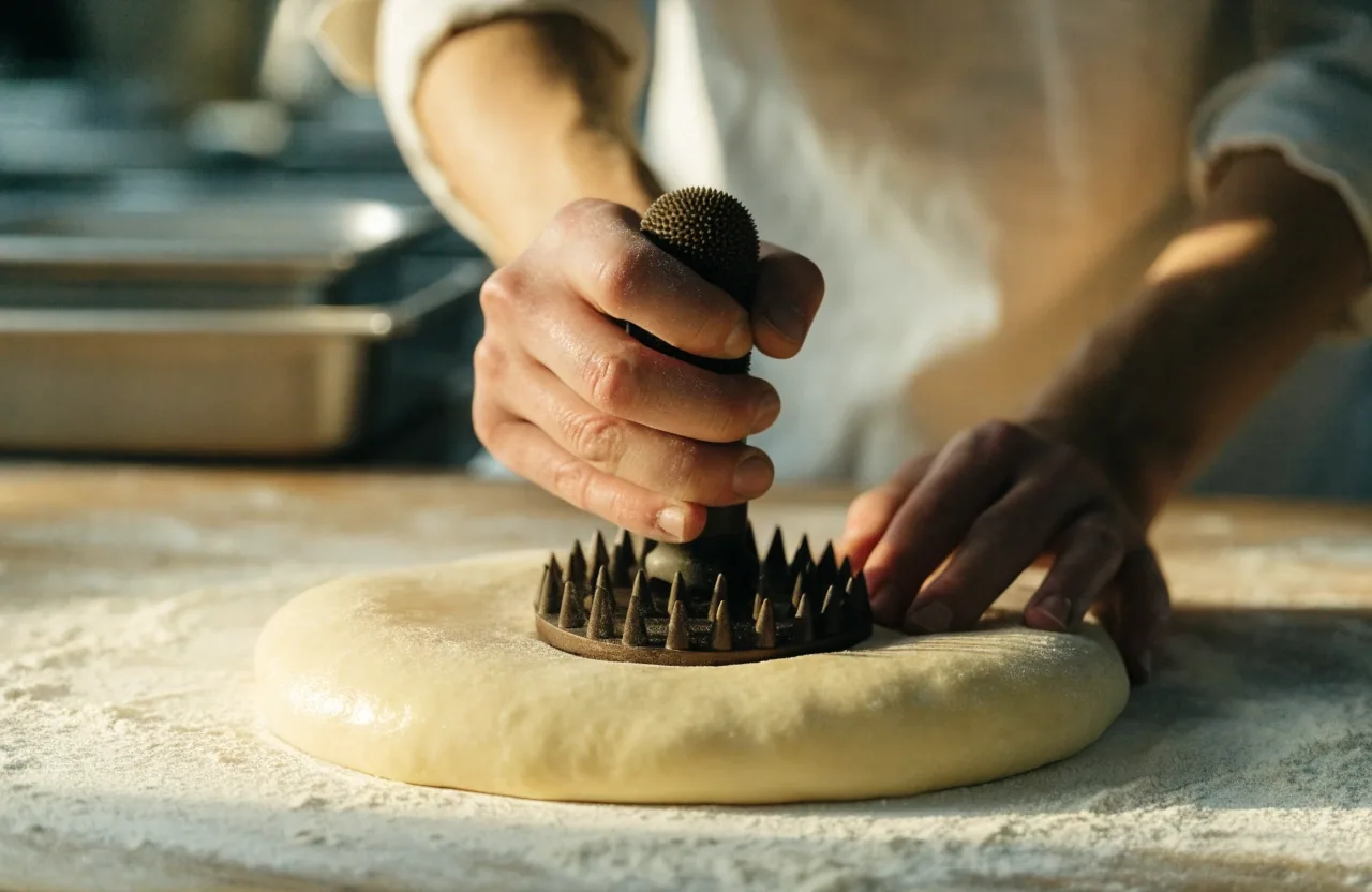 Hands pressing a docker into proofed pizza dough on the bench