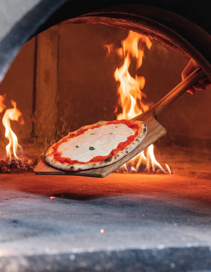 Oven mouth at high heat with a peel loading a pizza