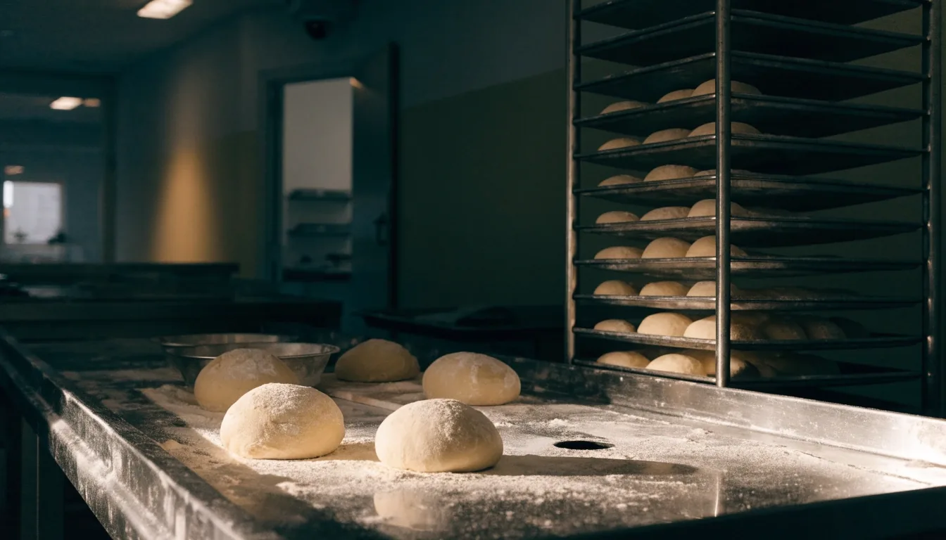 Prep bench and dough rack inside the Croydon pizza kitchen in the morning