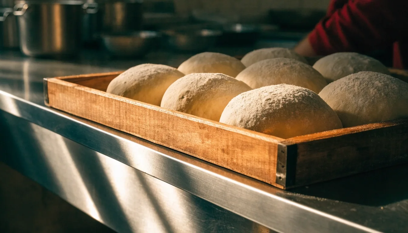 Fresh pizza dough resting on a floured steel bench