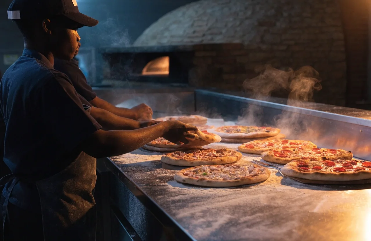 Row of freshly baked pizzas prepared for a group order