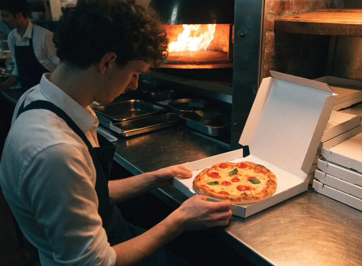 Counter with open pizza boxes being prepared for collection