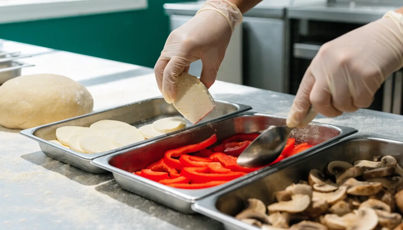 Dough preparation on a floured bench with separate topping trays