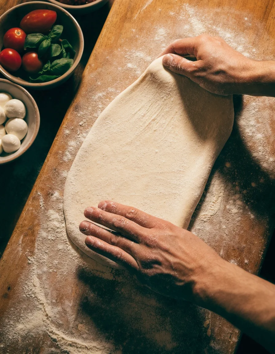 Hands stretching pizza dough beside fresh toppings