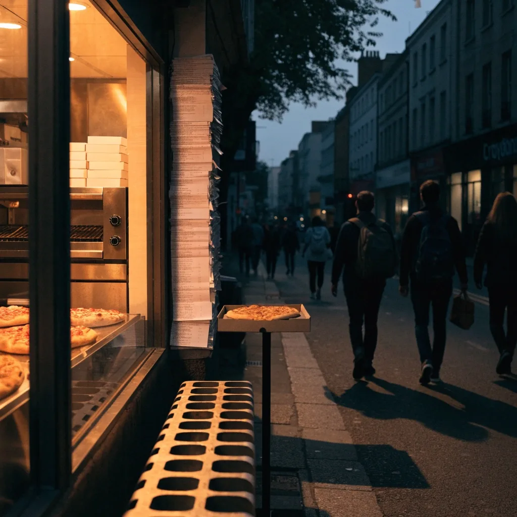 Warm takeaway frontage glowing on Croydon High Street in the evening