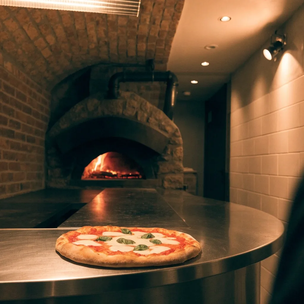Finished margherita pizza on steel