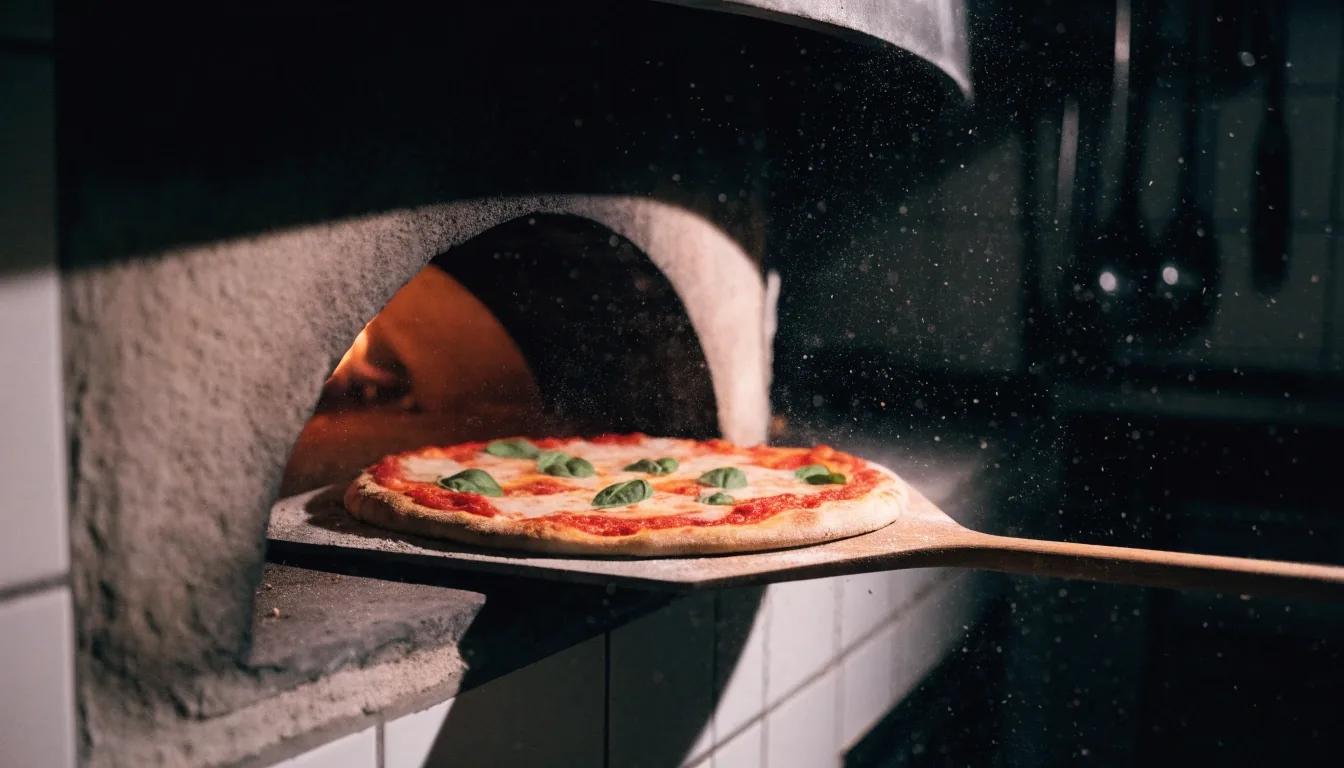 Fire oven mouth with peel sliding pizza inside