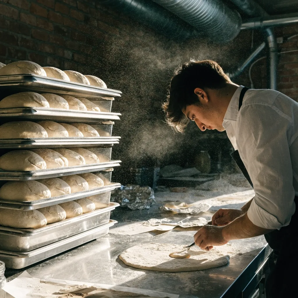 Hands pressing docker into proofed dough