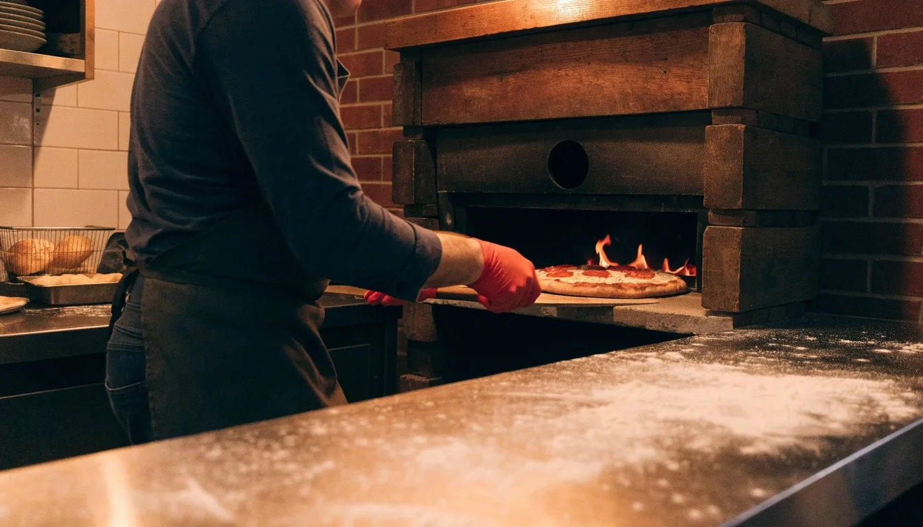 Proofed dough round with docker marks on floured steel