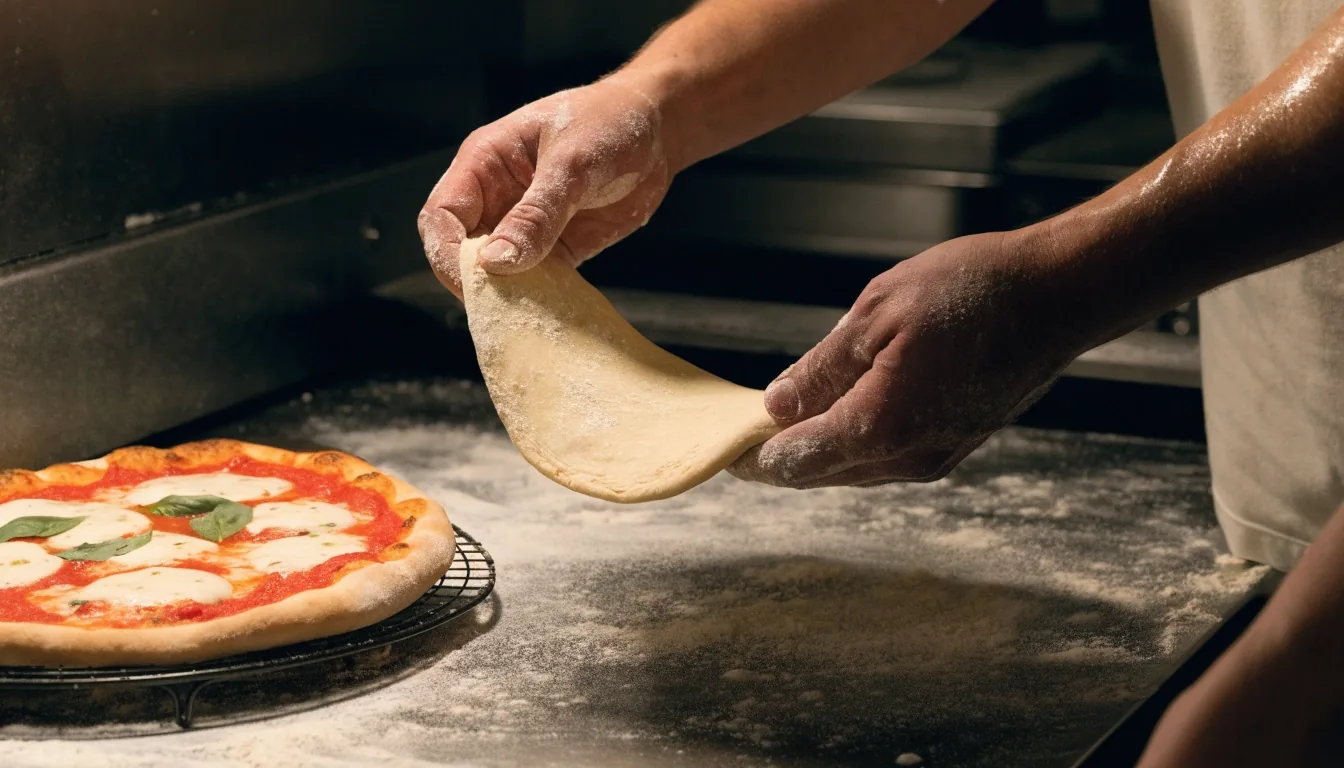 Finished margherita pizza on floured steel bench