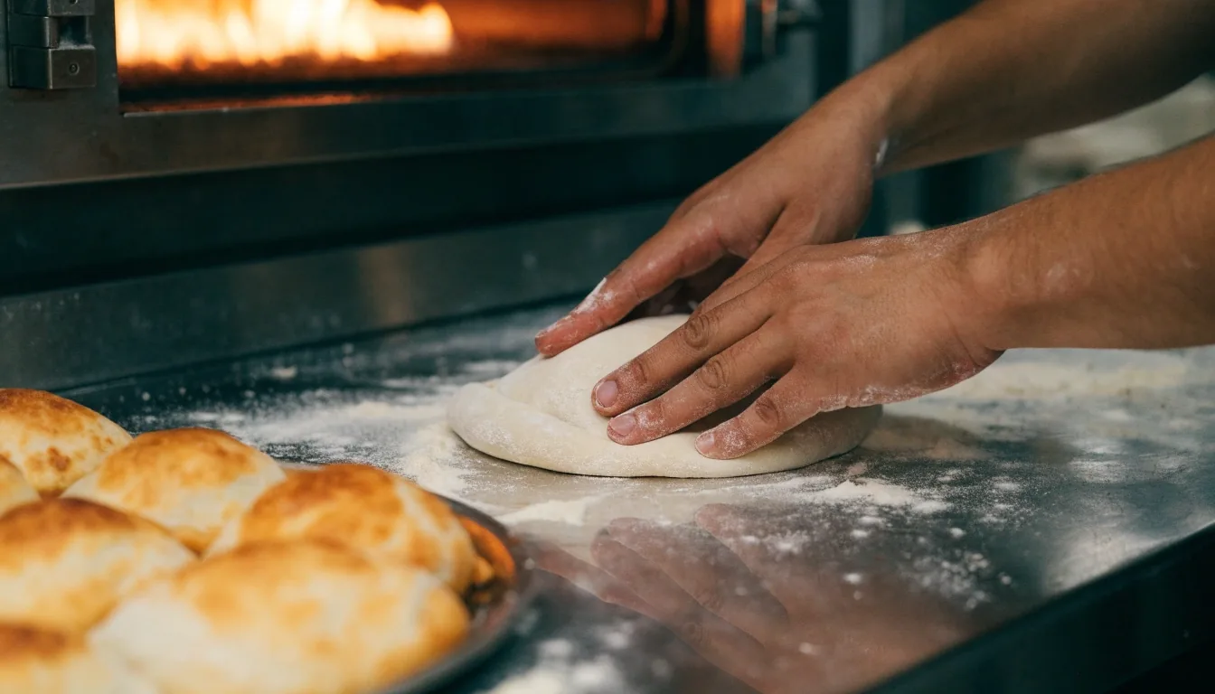 Folded calzone near the fire oven mouth