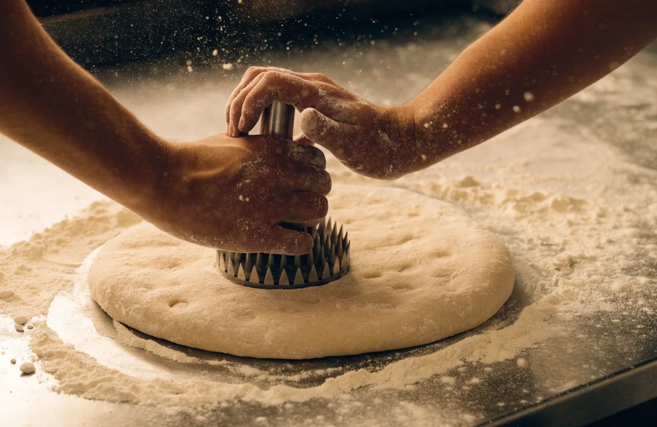 Hands pressing docker into proofed pizza dough
