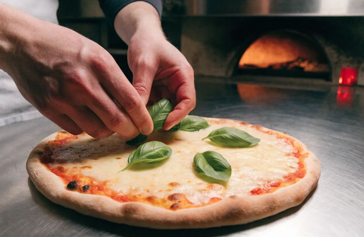 Margherita pizza with basil and mozzarella