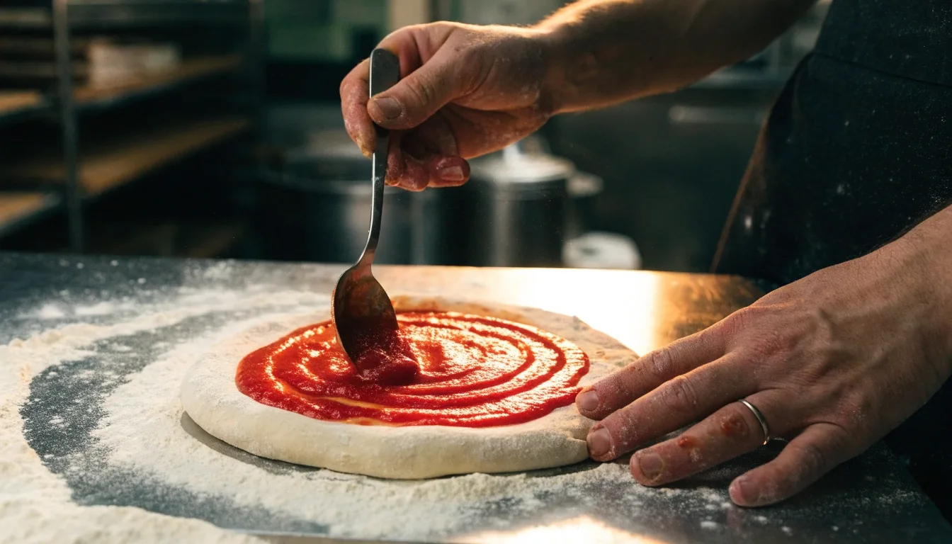 Proofed dough round with docker imprint on floured steel
