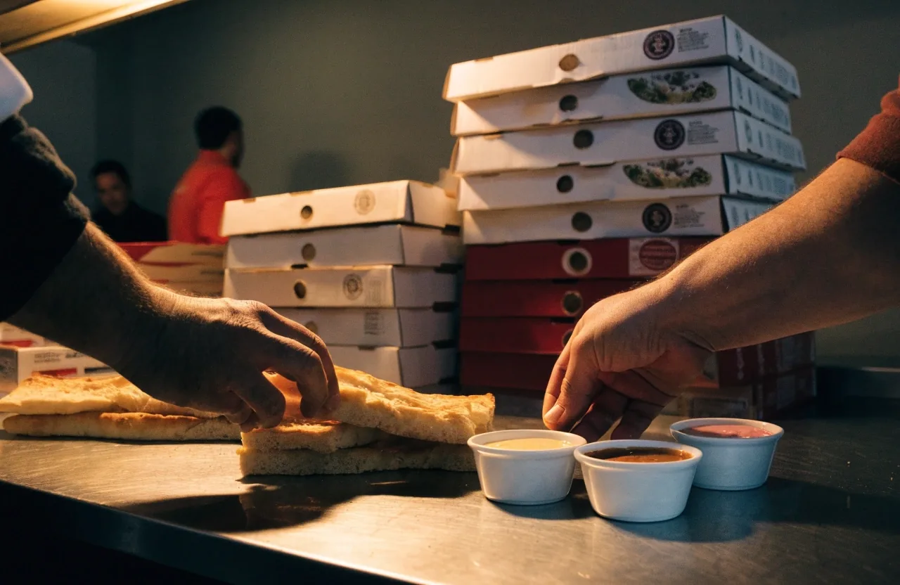 Sides and dips beside pizza boxes