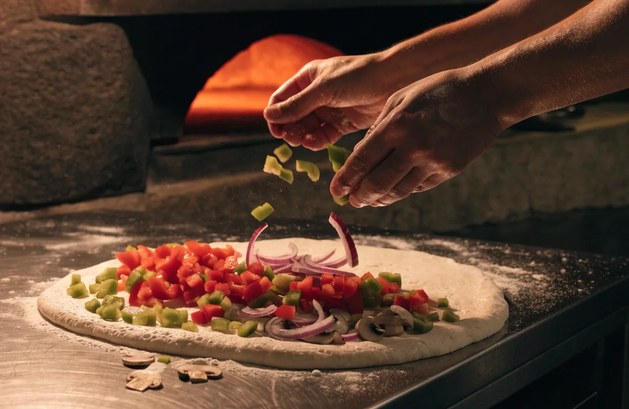 Vegetable pizza with peppers and mushrooms