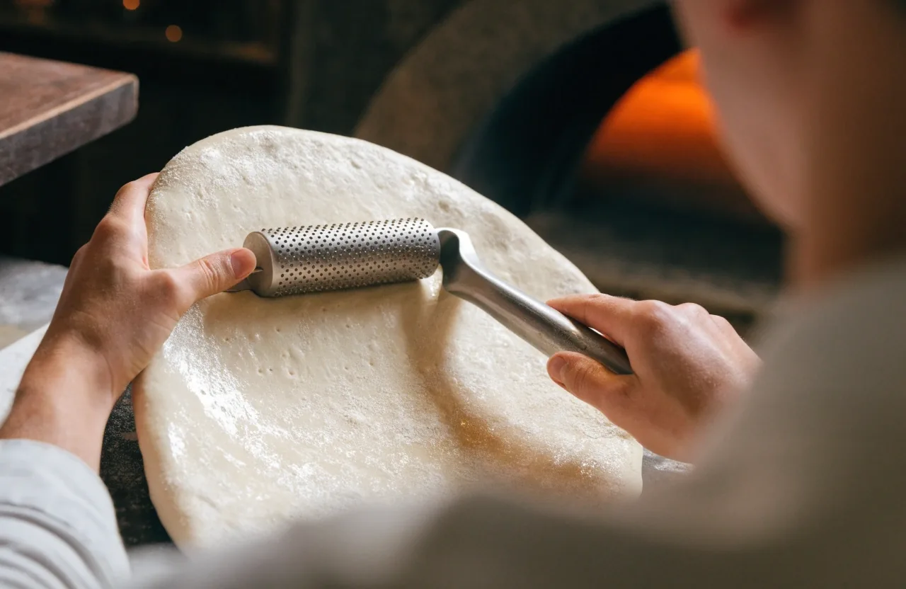 Finished margherita pizza on steel with a puffed crust