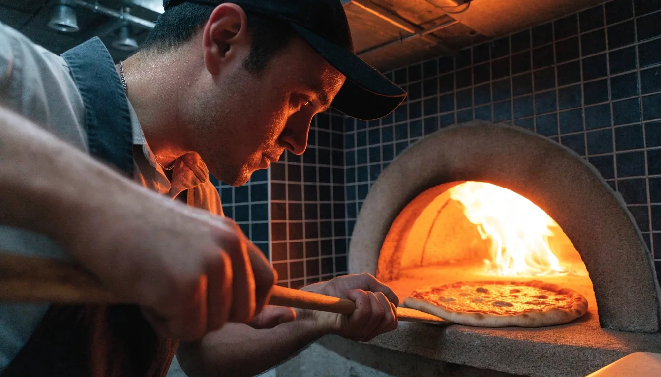 Fire oven mouth with a peel sliding a pizza into the heat