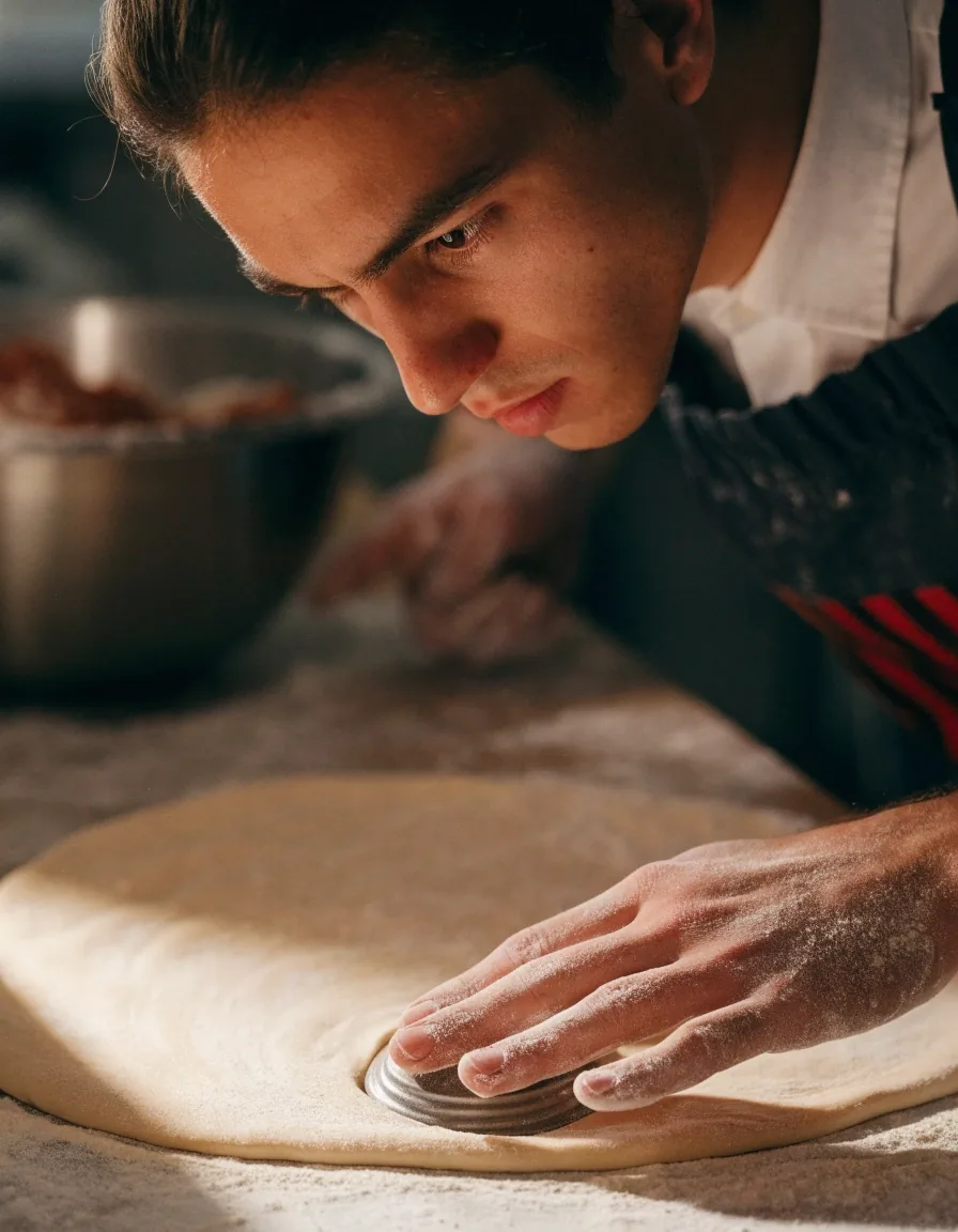 Floured hands stretching pizza dough on a steel counter