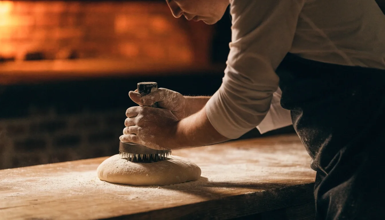 Hands pressing a docker into proofed pizza dough on a floured bench