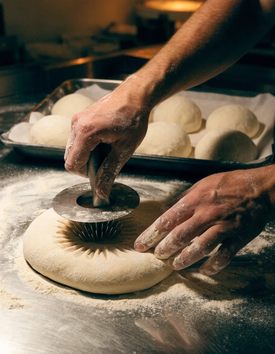 Proofed dough balls resting in trays on a prep bench