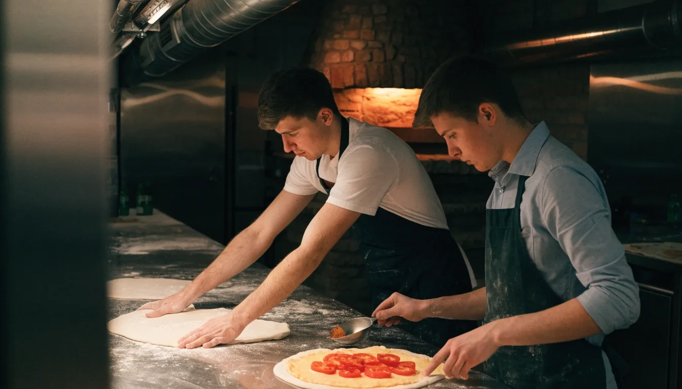 Quiet prep bench with dough trays at the Croydon pizza shop in the early morning