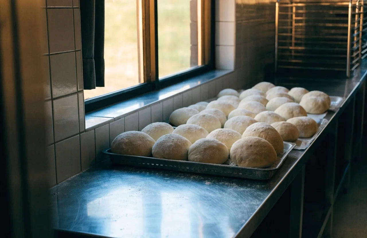 Prep bench with proofed dough trays inside the Croydon pizza shop